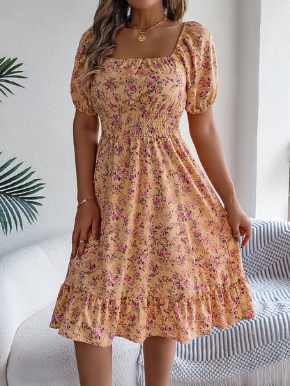 Women's Short Sleeve Floral Print Square Neck Ruffled Edge Dresses