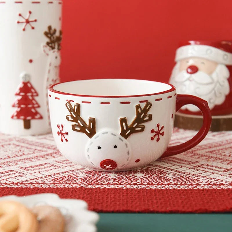 Santa Claus & Elk Embossed Ceramic Mug