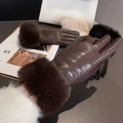 Womens PU Leather Winter Gloves