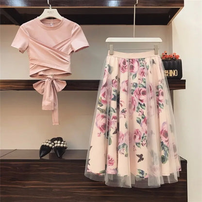 Floral Two-Piece Chiffon Skirt & Bowknot Top