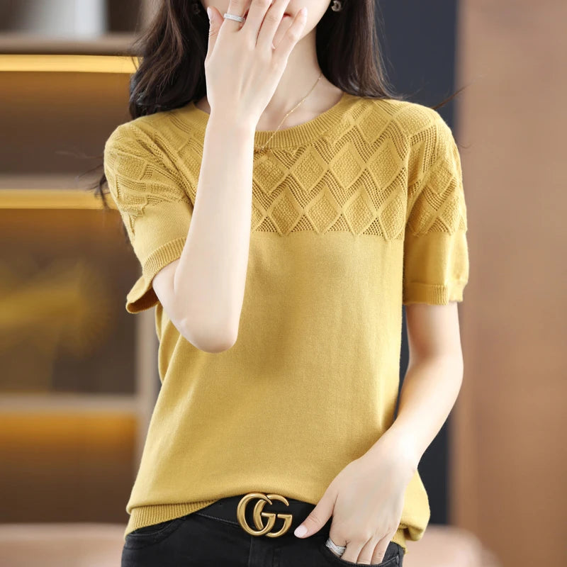 Summer Thin O-Neck Short Sleeve 100% Cotton Blouse