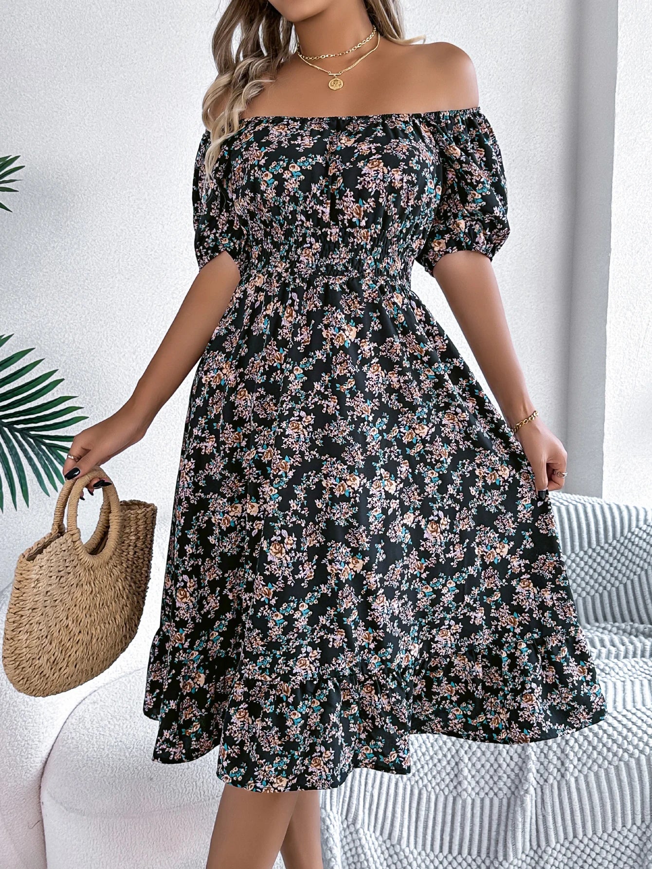 Robe d'été fleurie à col carré et manches bouffantes pour femme 