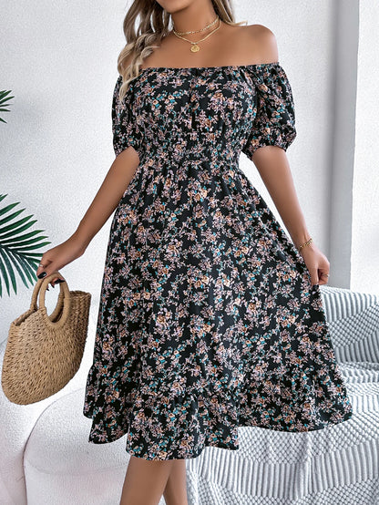 Robe d'été fleurie à col carré et manches bouffantes pour femme 