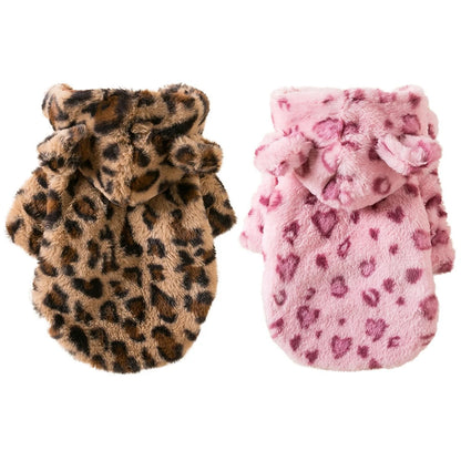 Dog Clothes - Warm Fleece Dog Hoodie Leopard Coat