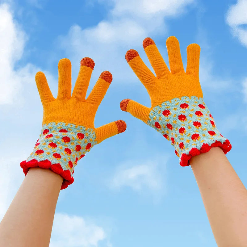 Warm Flower Knitted Touchscreen Gloves