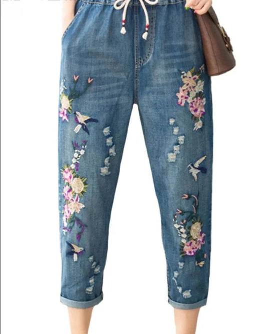 Pantalon en denim ample à fleurs pour femmes