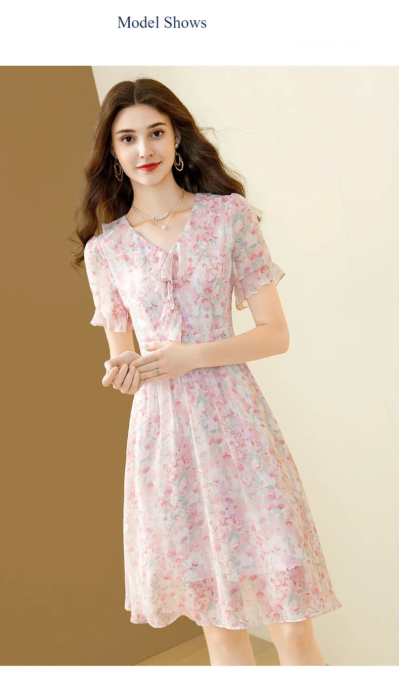 Floral Chiffon V-Neck A-line Dress