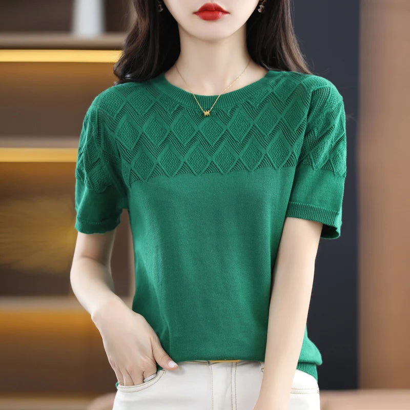 Summer Thin O-Neck Short Sleeve 100% Cotton Blouse