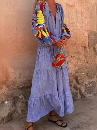 Women's V-Neck Printed Long Sleeve Dress