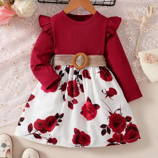 Robe rouge pour filles, jupe fleurie à manches longues, tenues de fête