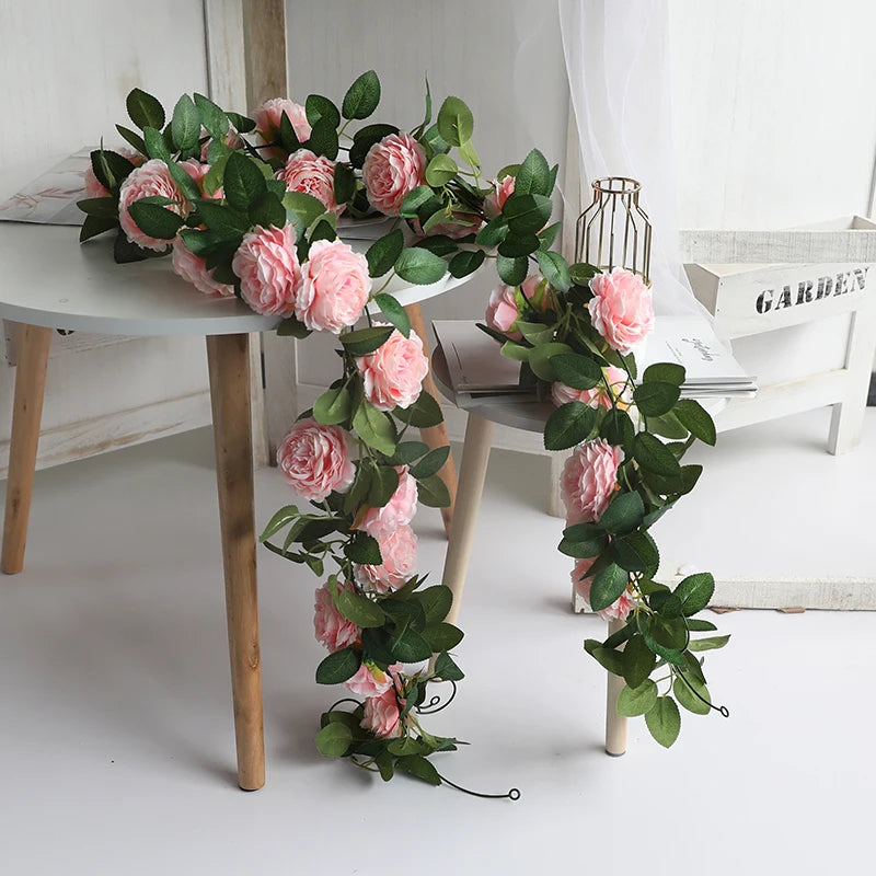 Pink Silk Peony Rose & Fake Ivy Rattan Garland