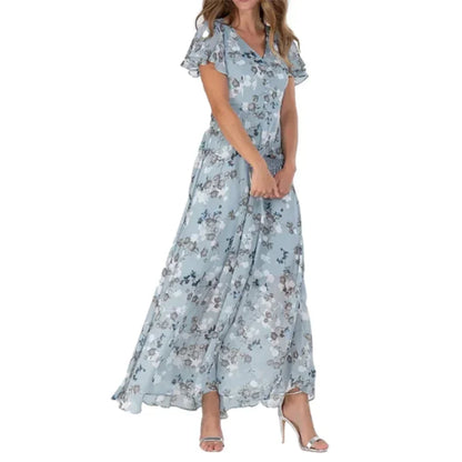 Women's Ruffle Short Sleeve V Neck Floral Chiffon Maxi Dresses