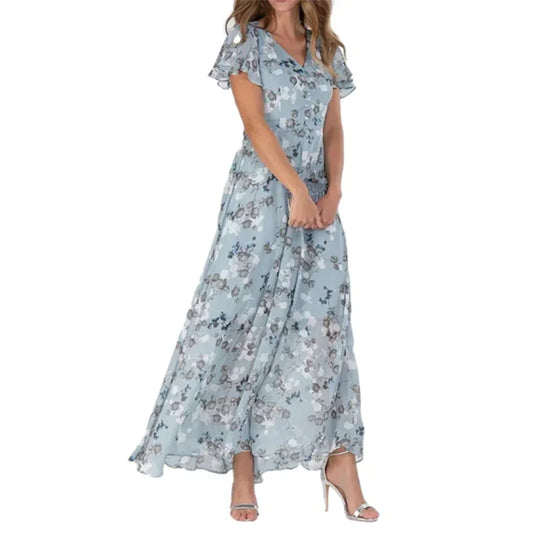 Women's Ruffle Short Sleeve V Neck Floral Chiffon Maxi Dresses
