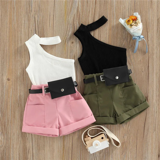 Kids Sleeveless One Shoulder T shirt Short Pants Set