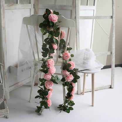Pink Silk Peony Rose & Fake Ivy Rattan Garland