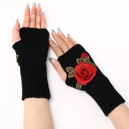 Winter Knitted Wool Flower Gloves