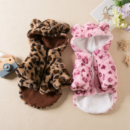 Dog Clothes - Warm Fleece Dog Hoodie Leopard Coat