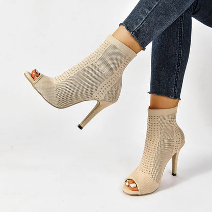 Peep Toe Stretch Knit Ankle Boots