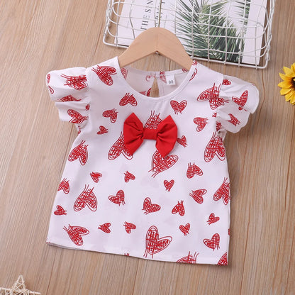 Girls Flying-Sleeve Heart Printed T-Shirt + Shorts