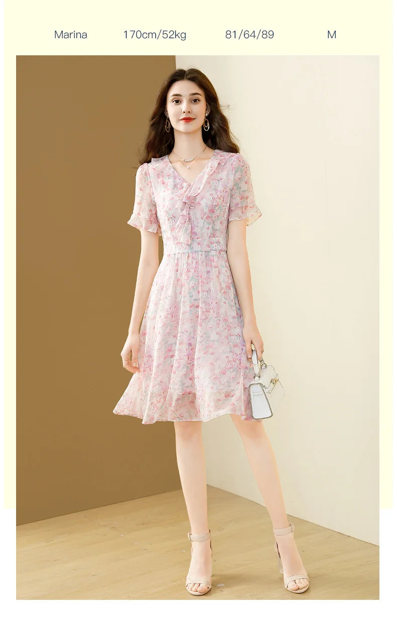 Floral Chiffon V-Neck A-line Dress