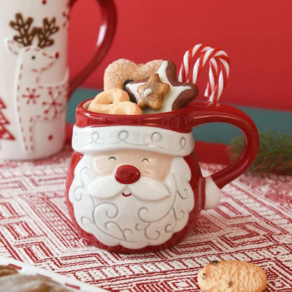 Santa Claus & Elk Embossed Ceramic Mug