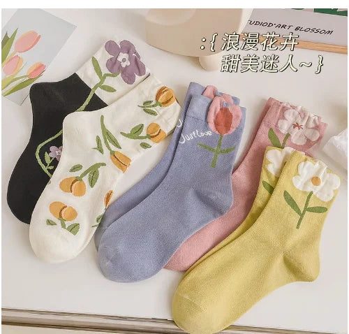 5/6 Pairs Flower Cartoon Cotton Socks