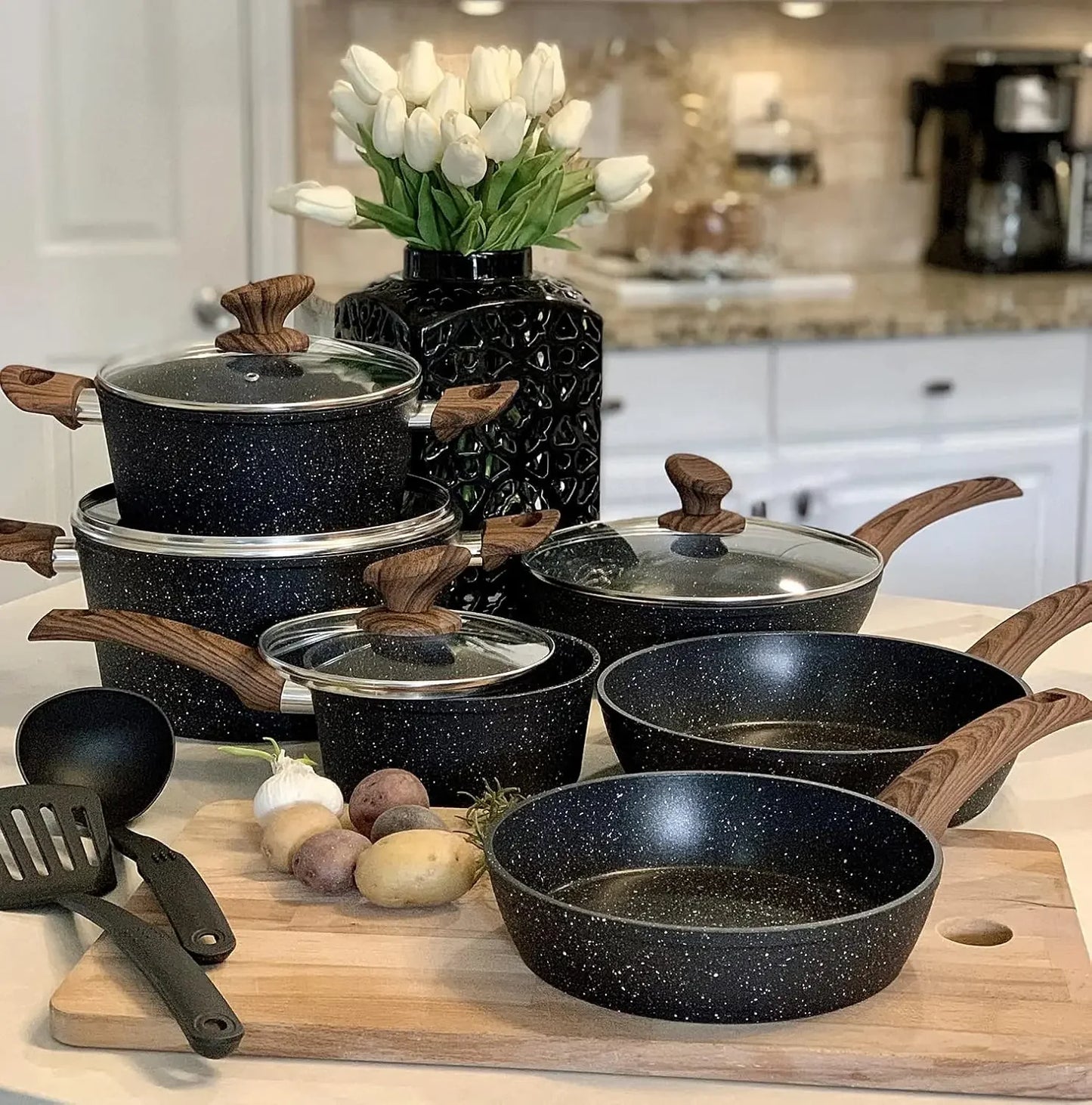 12-Piece Granite Black Nonstick Pots and Pans Set