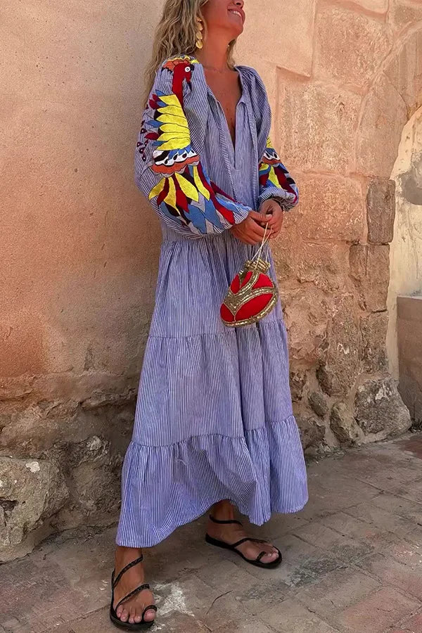 Women's V-Neck Printed Long Sleeve Dress