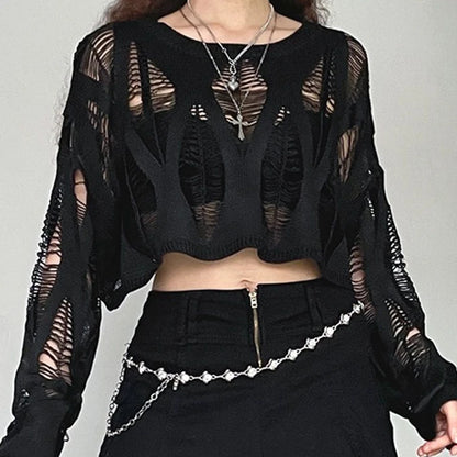 Hollow Out Batwing Sleeve Knitted Loose Top