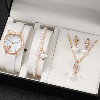 Women's PU Leather Strap Cute Cartoon Quartz Watches Jewlery Set