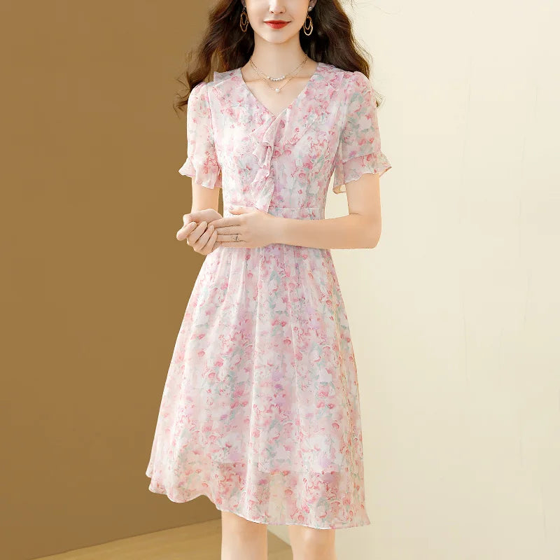 Floral Chiffon V-Neck A-line Dress