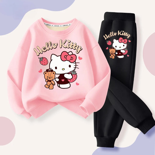 Kid's Kitty Printed O-Neck Pullover Long Seleve Sweatsuit