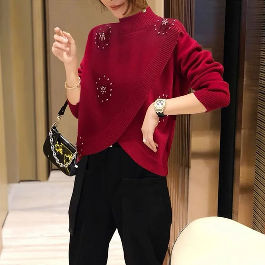 Women's Red Knitted Loose Sweaters