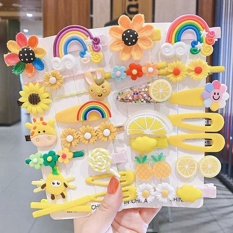 Girls' Rainbow, Fruit, Cartoon 14 Pcs Hair Clip Set