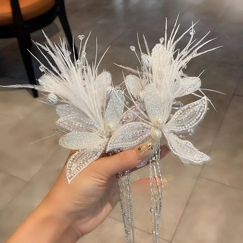 Women's Mermaid Pearl Butterfly Fairy Tassel Hair Clips