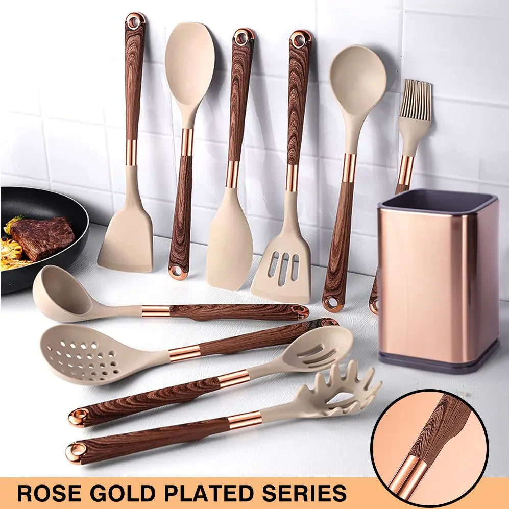 Ensemble d'ustensiles de cuisine en silicone or rose