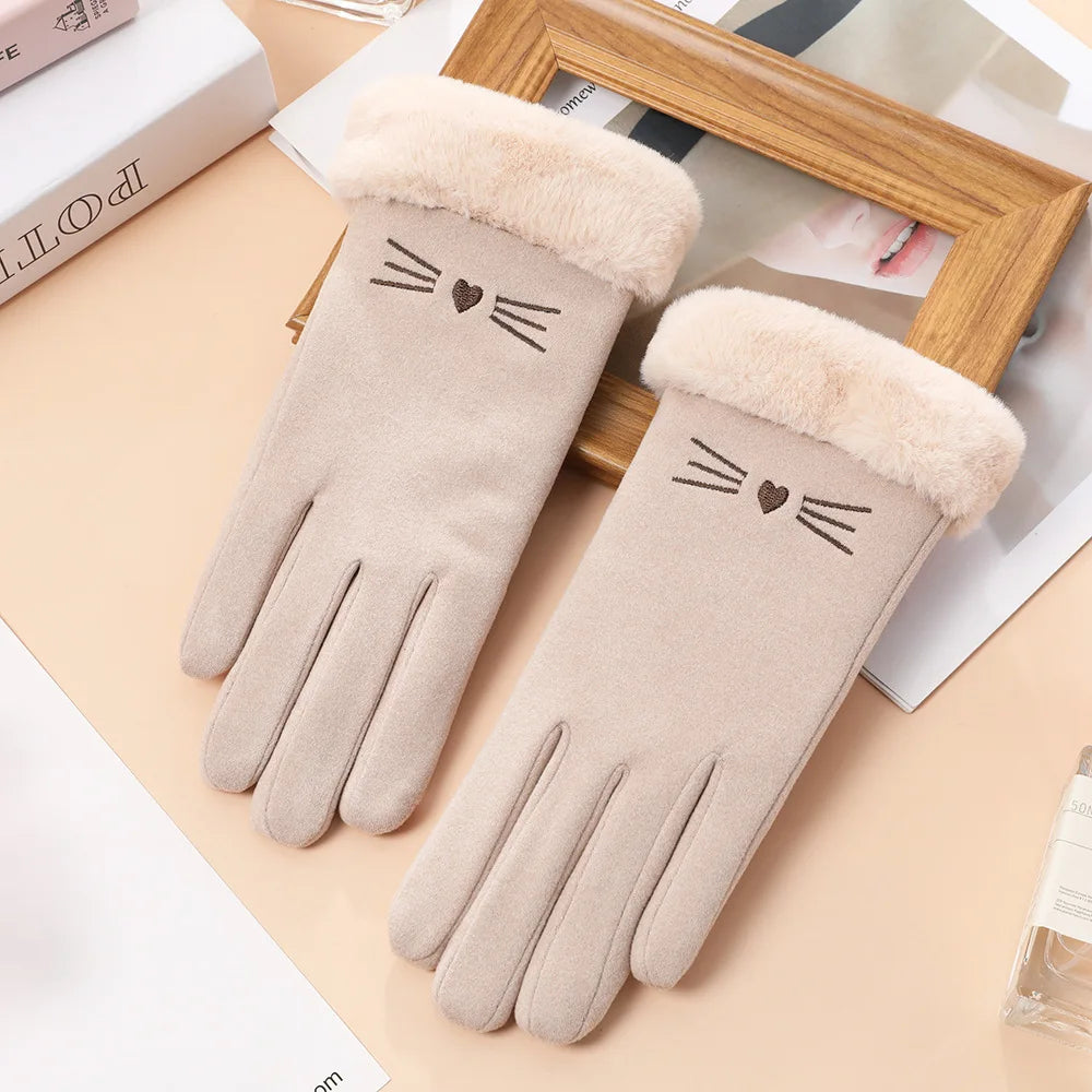 Cat Embroidery Touch Screen Suede Gloves