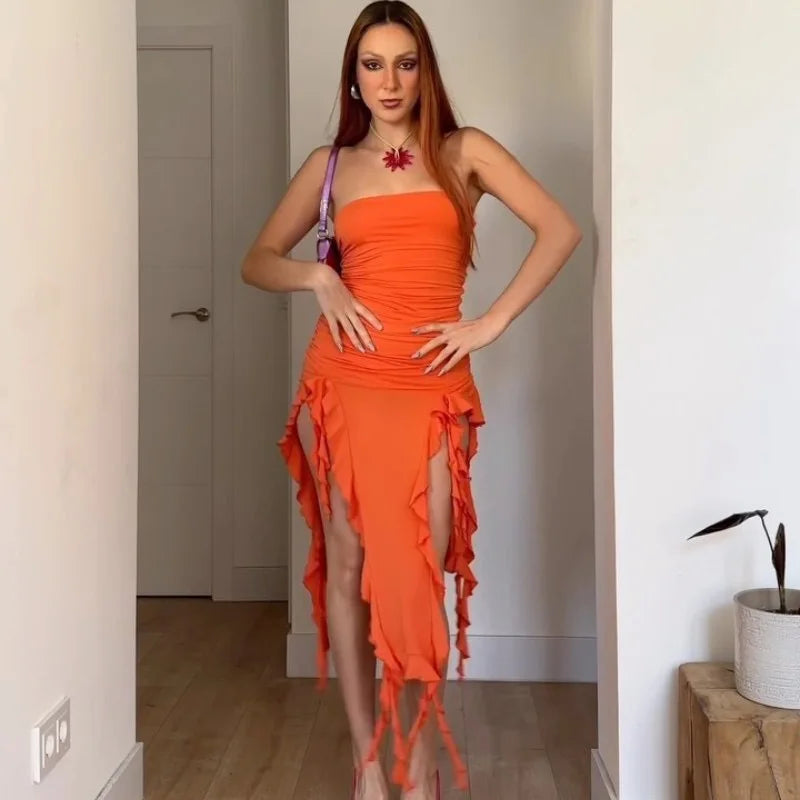 Women's Sexy Sleeveless Lace Jellyfish Chest Wrapping Tassel Dresses