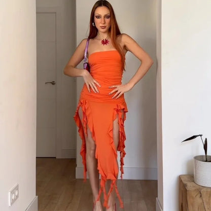 Women's Sexy Sleeveless Lace Jellyfish Chest Wrapping Tassel Dresses