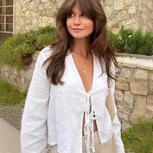 Chemise ample à lacets et col en V pour femme