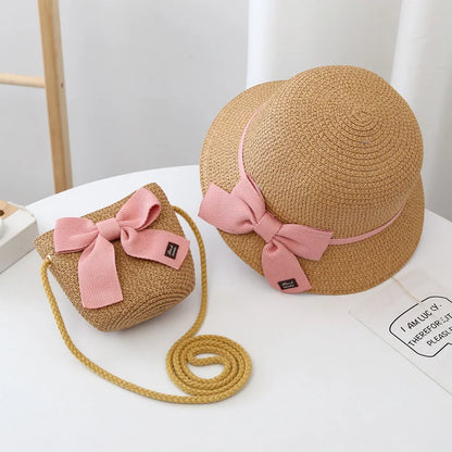 Baby Girls Lace Straw  Wide Brim Shoulder Bag & Sun Hats