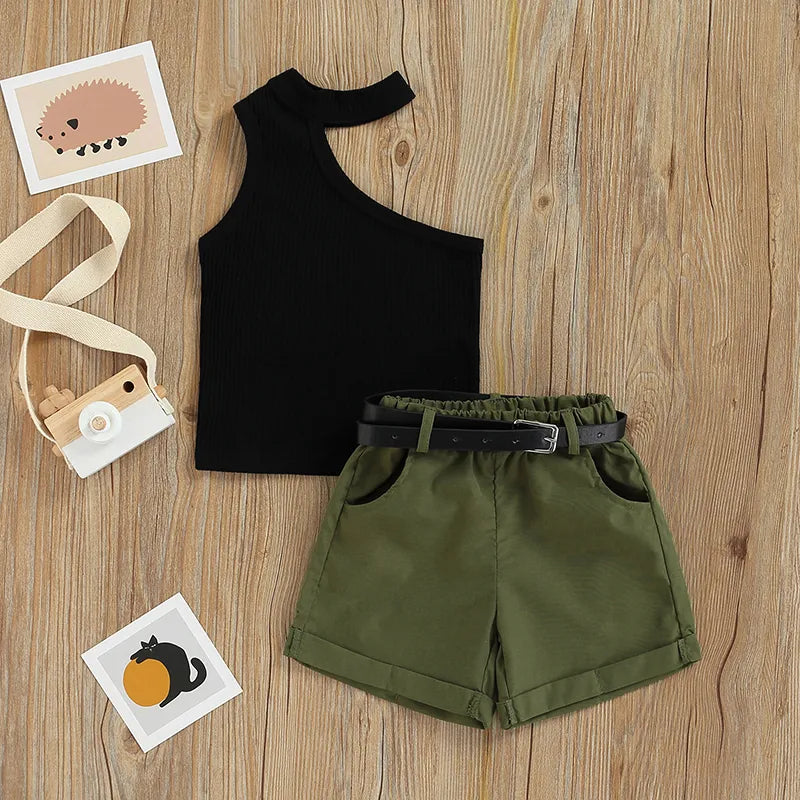 Tenue short pour bébé fille, t-shirt sans manches, asymétrique épaule dénudée, ensemble pantalon court