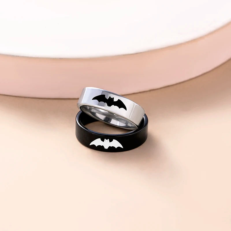 Punk Black Silver Bat Couple Rings