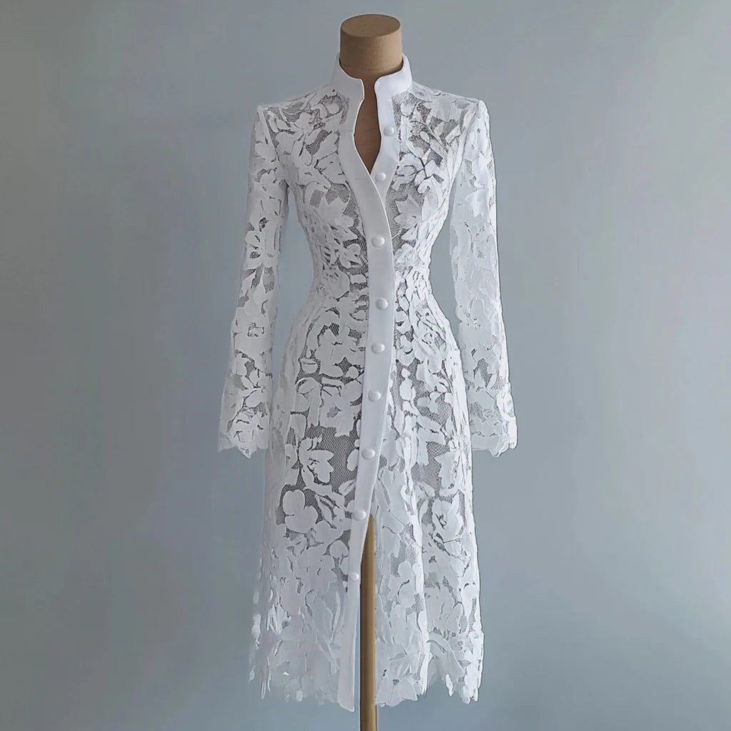 Robe midi brodée de dentelle jaune