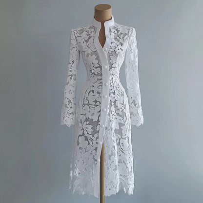 Robe midi brodée de dentelle jaune