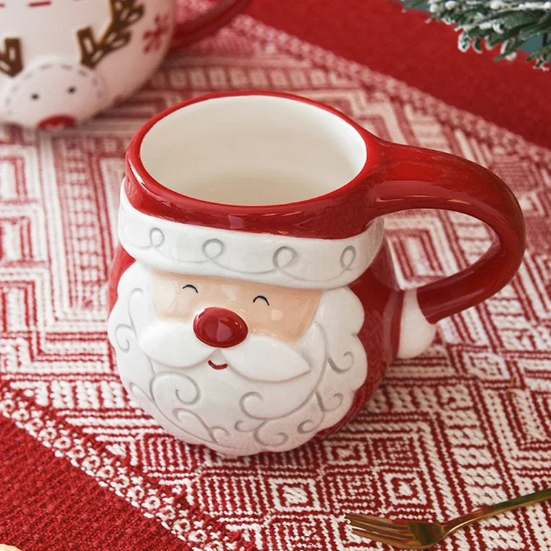 Santa Claus & Elk Embossed Ceramic Mug