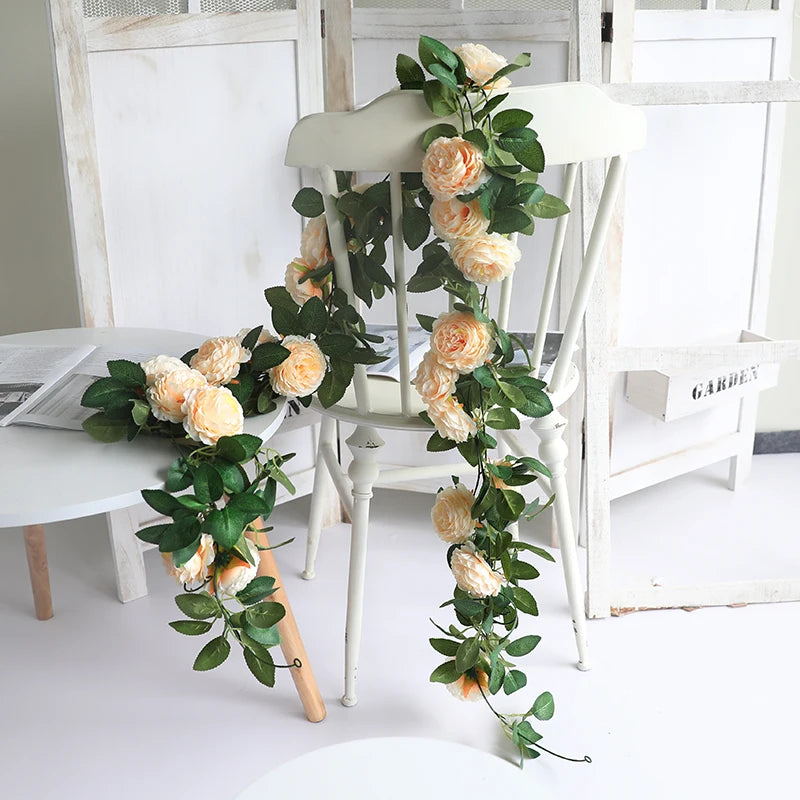 Pink Silk Peony Rose & Fake Ivy Rattan Garland