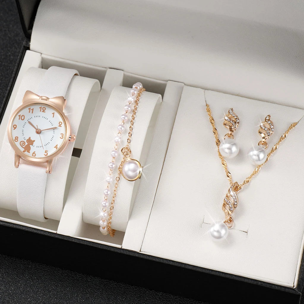 Women's PU Leather Strap Cute Cartoon Quartz Watches Jewlery Set