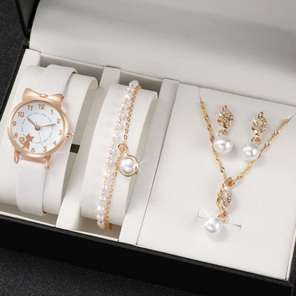 Women's PU Leather Strap Cute Cartoon Quartz Watches Jewlery Set