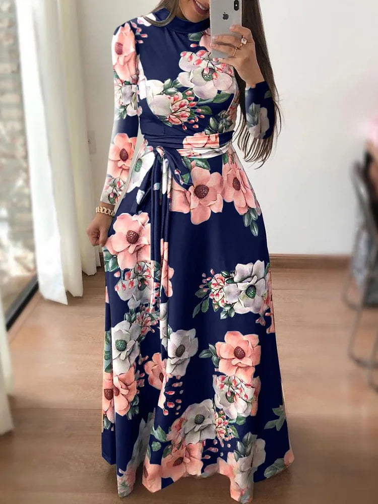 Women's Printed Round Neck Long Sleeve Dress